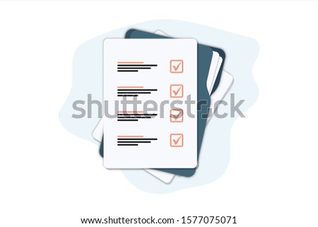 Documents folder with paper sheets. Flat illustration of folder with checklist icon for web. Contract papers. Document. Folder with stamp and text. Contract signing