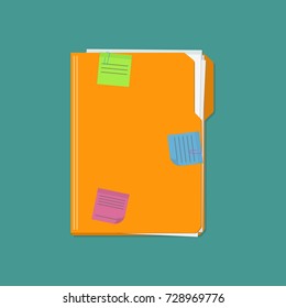 Documents folder with paper sheets and sticky notes reminder. Template design for business or education concept. Vector illustration