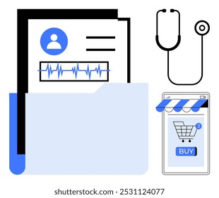 Documentos en una carpeta, un estetoscopio y un teléfono móvil que muestran un símbolo de Carrito de compras. Ideal para la gestión de registros médicos, atención médica, telemedicina, compras en línea, salud y digital