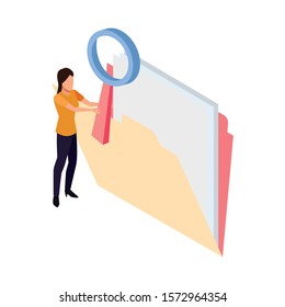 documents folder and woman holding a magnifying glass over white background, vector illustration