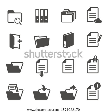 Documents and folders black and white glyph icons set. Office stationery web design elements isolated on white background collection. Documentation storage, archive. A4 white empty sheet