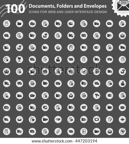 documents, folders and envelopes icons stylized post stamps