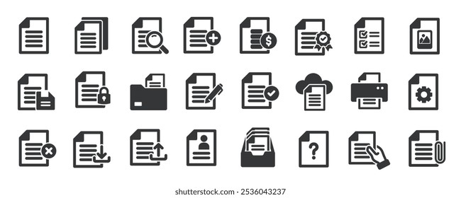 Documents glyph solid icons collection. Containing file, paper, archive, legal . Minimal icon and symbol series vector illustration