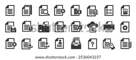 Documents glyph solid icons collection. Containing file, paper, archive, legal . Minimal icon and symbol series vector illustration