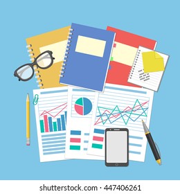 The documents and graphics on the desktop. Concept for business planning and accounting, analysis, Financial Audit, SEO analytics, tax audit, working, management. Glasses, notebook, smartphone. Vector