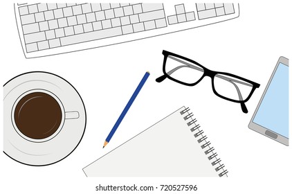 Documents, graphs, leptop, phone, glasses. Preparation for work, analysis, report, accounting, reaserch. Business concept background. Top view. Vector illustration
