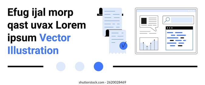 Documents, graphs, and a search bar integrated into a modern interface design in blue, black, and white color scheme. Ideal for technology, business, analytics, data management, marketing, education