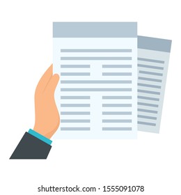 Documents in hand icon. Flat illustration of documents in hand vector icon for web design