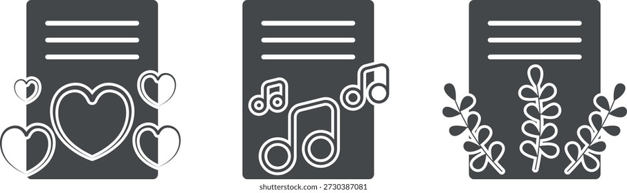 Documentos con corazones, notas musicales y plantas. Documentos valiosos, hojas de papel, bienes y finanzas, informes contables, iconos web de Vector, texto impreso en papel A4. Contratos y solicitudes.