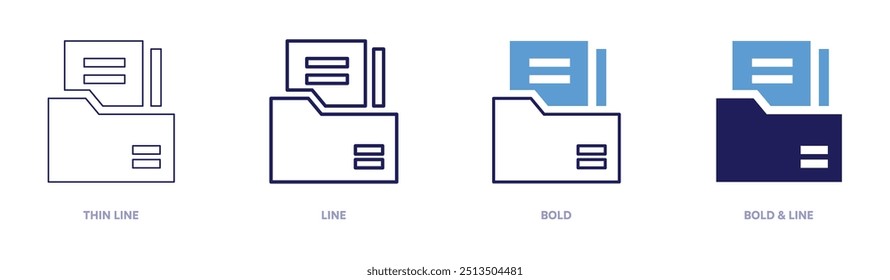 Icono de documentos en 4 estilos diferentes. Línea delgada, línea, negrita y línea negrita. Estilo duotono. Trazo editable.