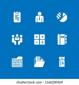 documents icon. 9 documents set with folder, files and folders, bill and calculation vector icons for web and mobile app