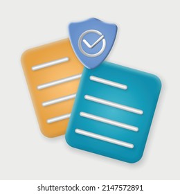 Documents icon. Check mark icon. Stack of paper sheets. Confirmed or approved document. Business icon. 3d vector illustration.