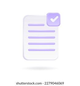 Documents icon with check mark. For website, internet marketing, presentation, logo design template element. 3d vector illustration