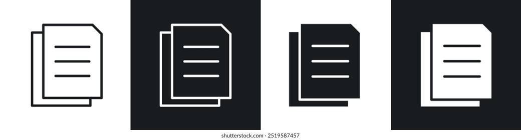 Icono de documentos colección en blanco y negro relleno y estilo de línea de trazo.