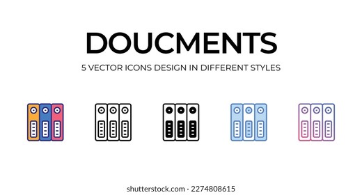 documents Icon Design in Five style with Editable Stroke. Line, Solid, Flat Line, Duo Tone Color, and Color Gradient Line. Suitable for Web Page, Mobile App, UI, UX and GUI design.