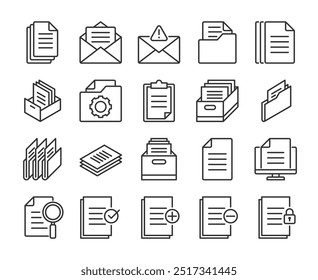 ícone Documentos. Ícones de linha de gerenciamento de documentos definidos. Traço editável.