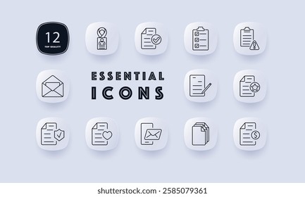 Documents icon. ID badge, checklist, warning, envelope, contract, approval, mobile message, financial document, task list, official papers, verification, bureaucracy, paperwork, digital communication