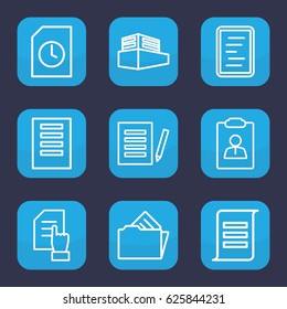 Documents icon. set of 9 outline documents icons such as pointing on document, documents box, document in folder, document