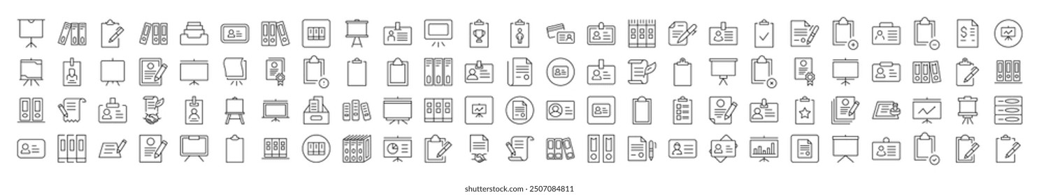 Documents Icon Set. Contains Icons of Presentation Board, Clipboard, Contract that Can Be Used for Design of Cards, Posts, Apps, Web Sites
