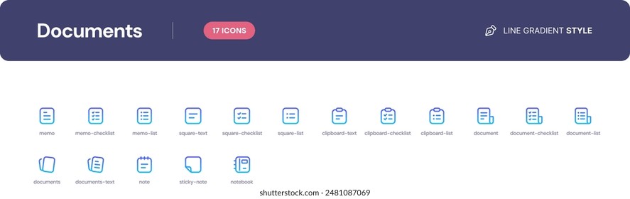 Documents icon set. Essential UI Icons Set in Line Gradient Style. The set consists of essential and commonly-used icons that every UI designer needs.