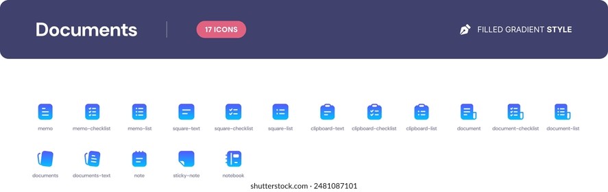 Documents icon set. Essential UI Icons Set in Filled Gradient Style. The set consists of essential and commonly-used icons that every UI designer needs.