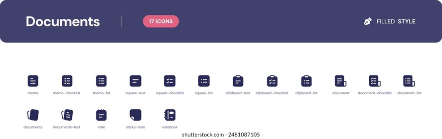 Documents icon set. Essential UI Icons Set in Filled Style. The set consists of essential and commonly-used icons that every UI designer needs.