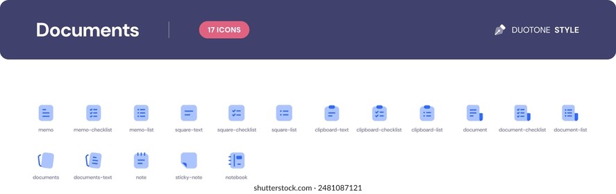 Documents icon set. Essential UI Icons Set in Duotone Style. The set consists of essential and commonly-used icons that every UI designer needs.