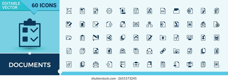 Conjunto de ícones Documentos. Apresentando documento, fólio, nota, pad, formulário e muito mais. Coleção de ícones da Web de linha simples. Ícone da linha do contrato. Pictograma conceitual e infográfico.
