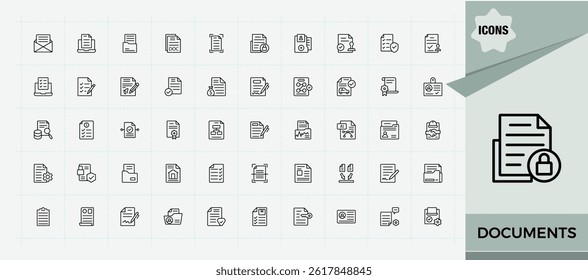 Documents icon set. File icon pack. Minimal icons collection. Contains such symbols as pad, folio, document, page, note, letter, contract. Editable vector. Pixel perfect.
