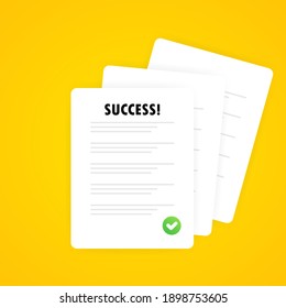 Documents icon. Stack of paper sheets. Confirmed or approved document. Signed document, legal agreement, license with approved stamp, partnership form, successful transaction