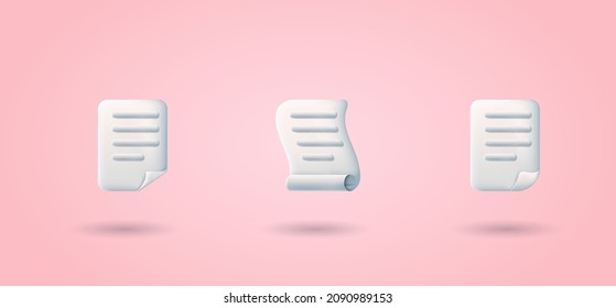 Documents icon. Stack of paper sheets. Confirmed or approved document. Business icon. 3d vector illustration. three version of blank sheets of paper with curled corner on pink background.