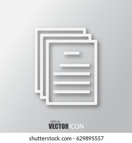 Documents icon in white style with shadow isolated on grey background. For your design, logo. Vector illustration.