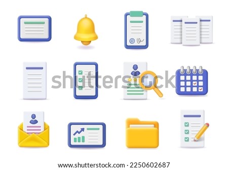 Documents icons 3d set. Files, check list, contract, calendar. Work documentation papers. Ringing bell.