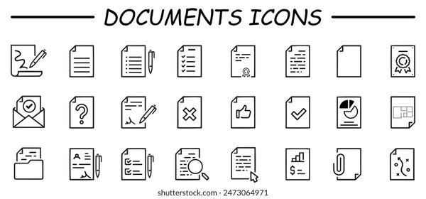 Documents icons. Clipboard, checklist, report, survey or agreement icons set isolated on white background flat vector illustration.