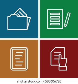 documents icons set. Set of 4 documents outline icons such as pointing on document, document in folder