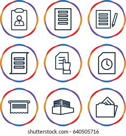 Documents icons set. set of 9 documents outline icons such as pointing on document, documents box, document in folder, document