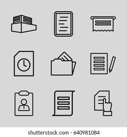 Documents icons set. set of 9 documents outline icons such as pointing on document, documents box, document in folder, document