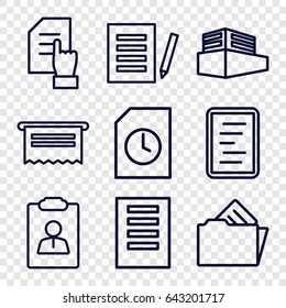 Documents icons set. set of 9 documents outline icons such as pointing on document, documents box, document in folder, document