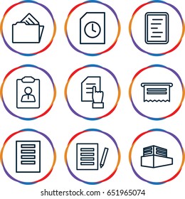 Documents icons set. set of 9 documents outline icons such as pointing on document, documents box, document in folder, document