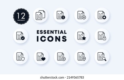 Documents icons set. Check mark. filling out paperwork. Protecting confidential papers. Neomorphism style.