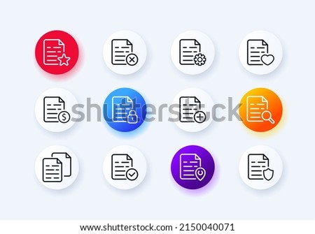 Documents icons set. Check mark. filling out paperwork. Protecting confidential papers. Neomorphism style.