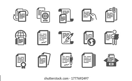 Los iconos de los documentos están configurados. Contrato, Copiar archivos, Pasaporte. entrevista CV, flujo de trabajo de documentos, iconos de clip de adjunto. Cambiar archivos, documentos erróneos, burocracia y firma de contratos. Vector