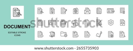 Documents icons set. Contract agreement, Copy files, Passport. CV interview,  attachment clip icons. Change files, wrong document, message, contract signature, Editable stroke. Vector illustration 