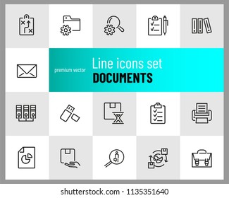 Documents icons. Set of  line icons. Information sign, folder, usb flash drive. Data storage concept. Vector illustration can be used for topics like web pictograms, information organization