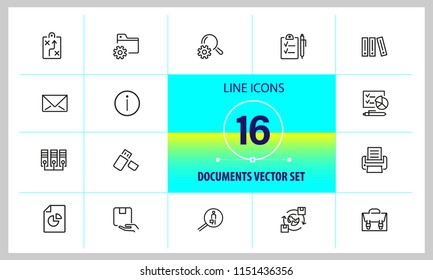 Documents icons. Set of  line icons. Information sign, folder, usb flash drive. Data storage concept. Vector illustration can be used for topics like web pictograms, information organization