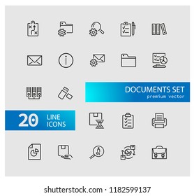 Documents icons. Set of  line icons. Information sign, folder, usb flash drive. Data storage concept. Vector illustration can be used for topics like web pictograms, information organization