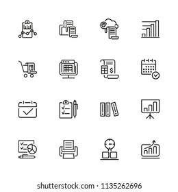 Documents icons. Set of  line icons. Invoice, diagram, report. Document work concept. Vector illustration can be used for topics like analysis, statistics, research.