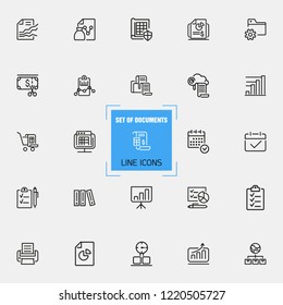 Documents icons. Set of  line icons. Invoice, diagram, report. Document work concept. Vector illustration can be used for topics like analysis, statistics, research.
