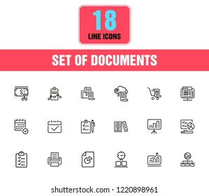 Documents icons. Set of  line icons. Invoice, diagram, report. Document work concept. Vector illustration can be used for topics like analysis, statistics, research.