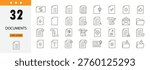 Documents icons set representing files, reports, paperwork, records, documentation, archive and office management. Editable Stroke.